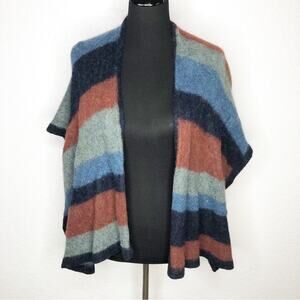 Peruvian Connection blue green orange striped alpaca wool shawl sweater One Size